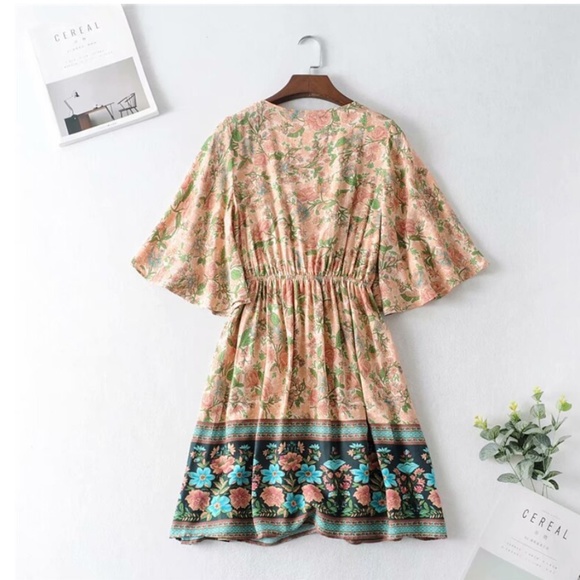 Boho Floral Print Front Tie butterfly sleeve Dress - Picture 8 of 9